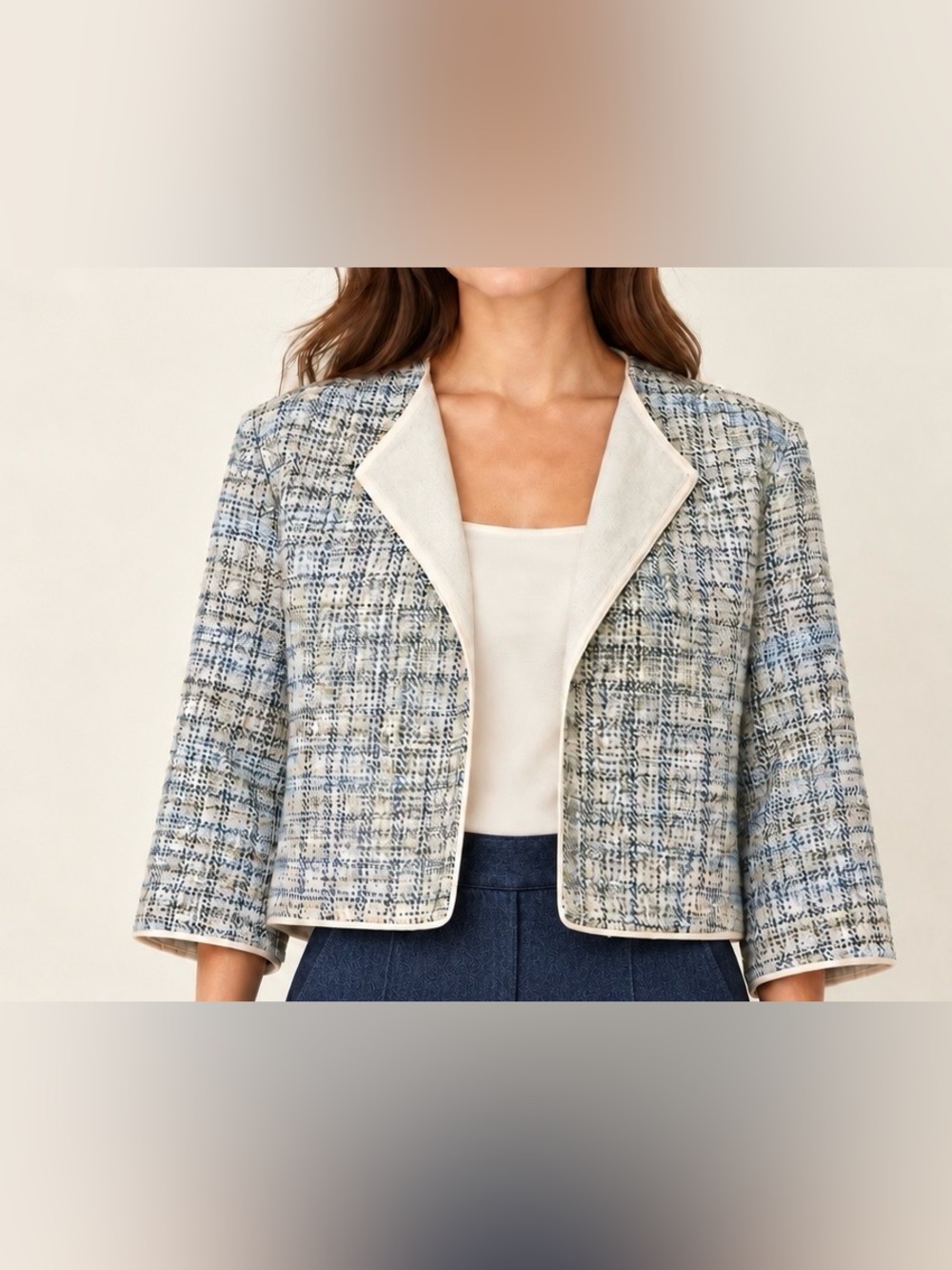 Beymen Collection Tweed Jacket Ivory Blue Green Silk Lining Size 38 NWT